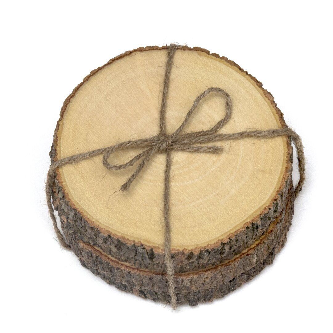 Live-edge bark wood coaster set tied with jute twine