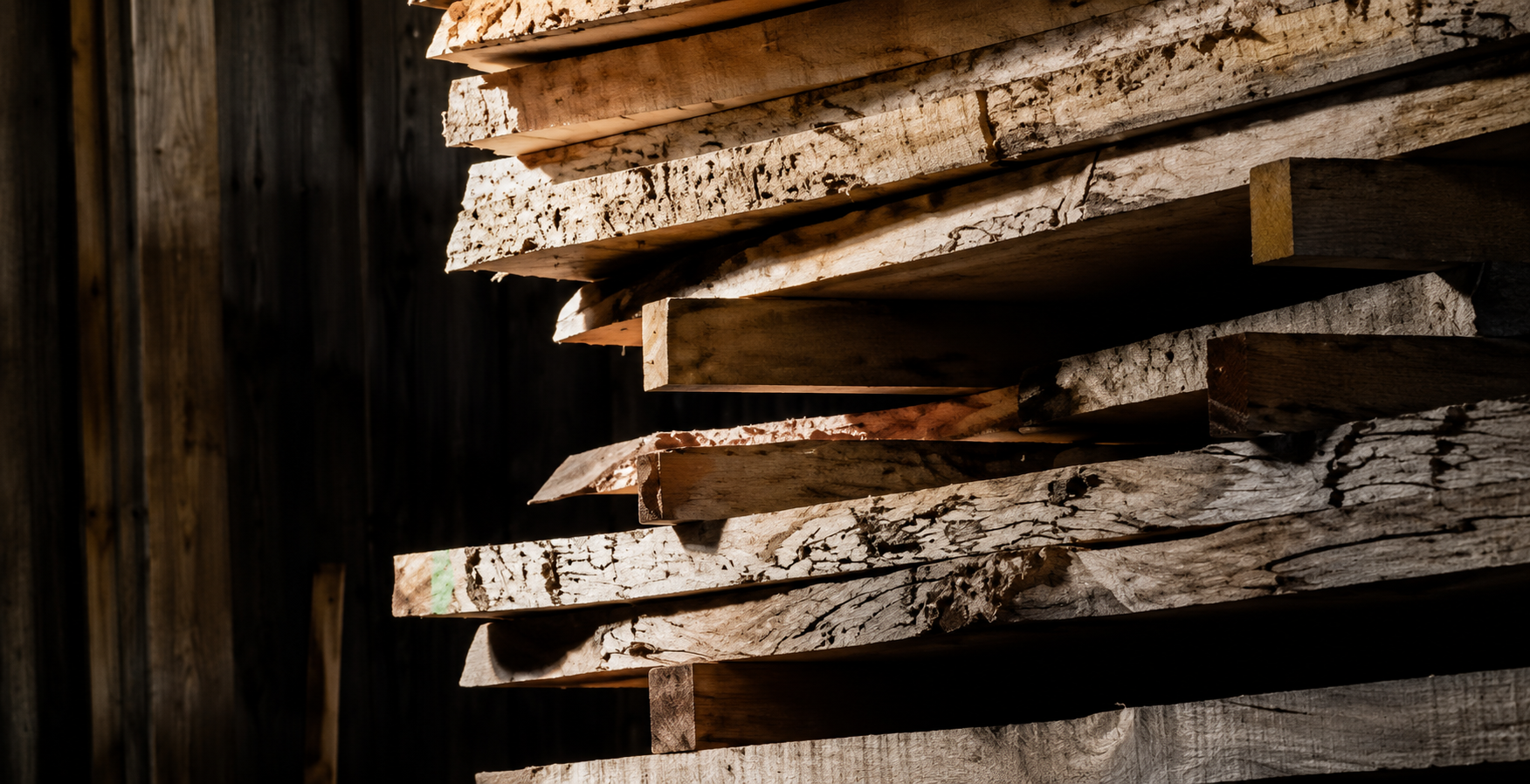 Sawn timber boards stacked in low light inside the MM Decor workshop in Moradabad