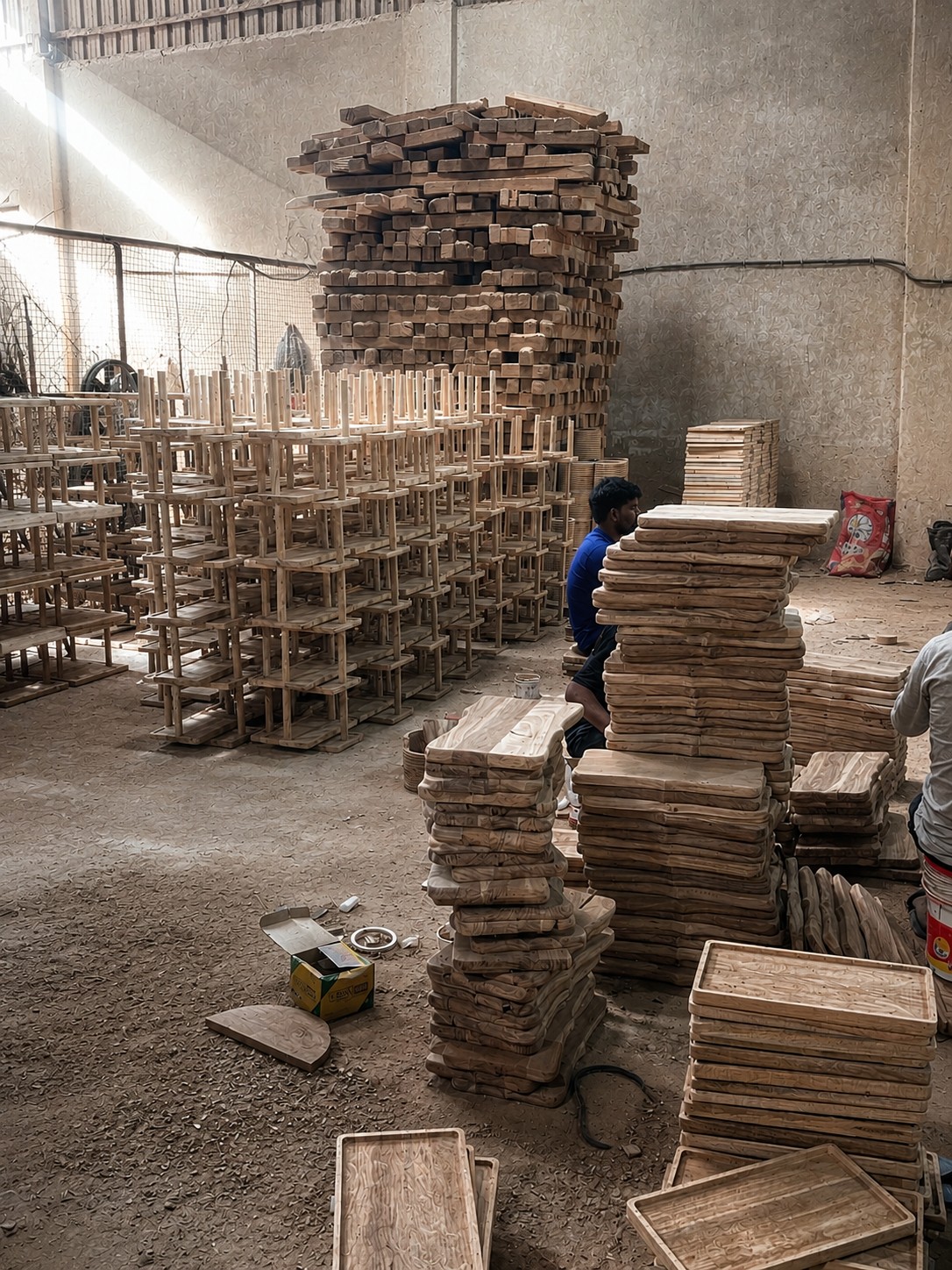 Finished MM Decor wooden products stacked and prepared for export