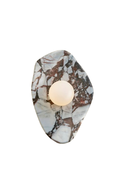 Freeform breccia marble wall light with frosted glass globe