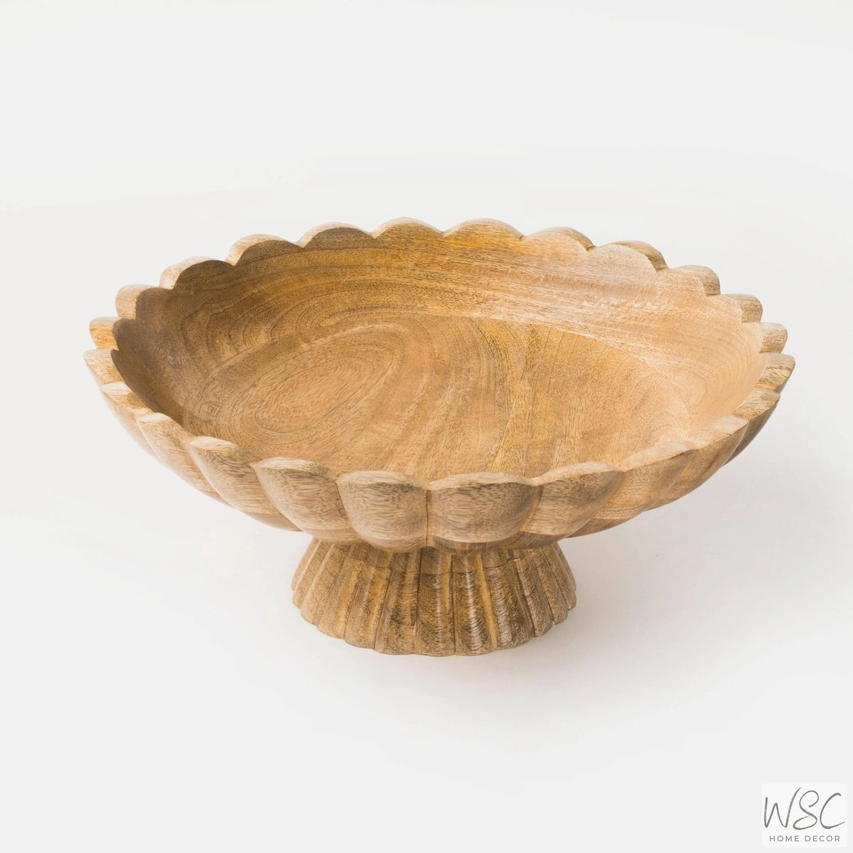 Footed scalloped mango wood pedestal bowl