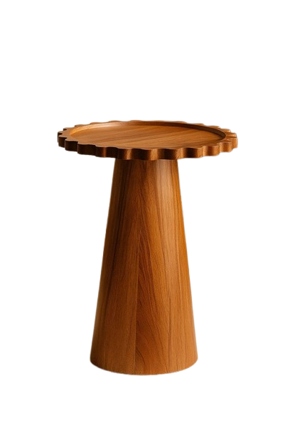 Teak side table with scalloped top and tapered base