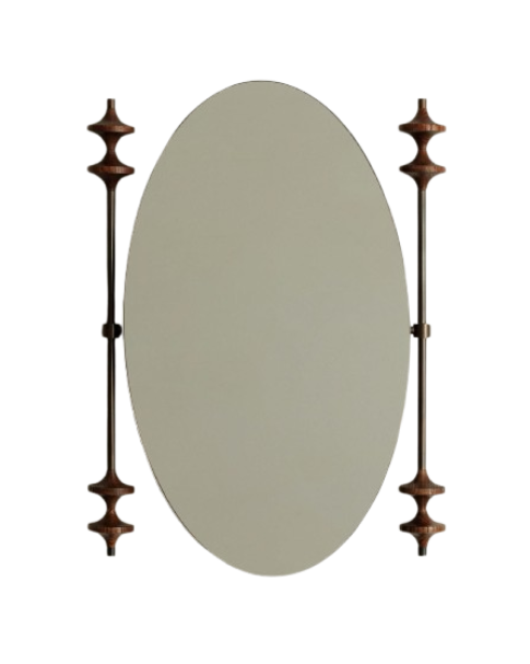 Oval mirror with turned wood and antique brass side rails
