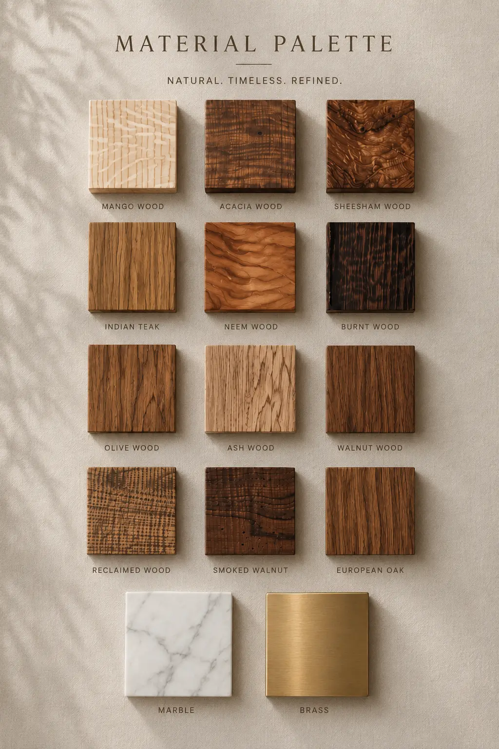 Material palette of wood, marble and brass swatches