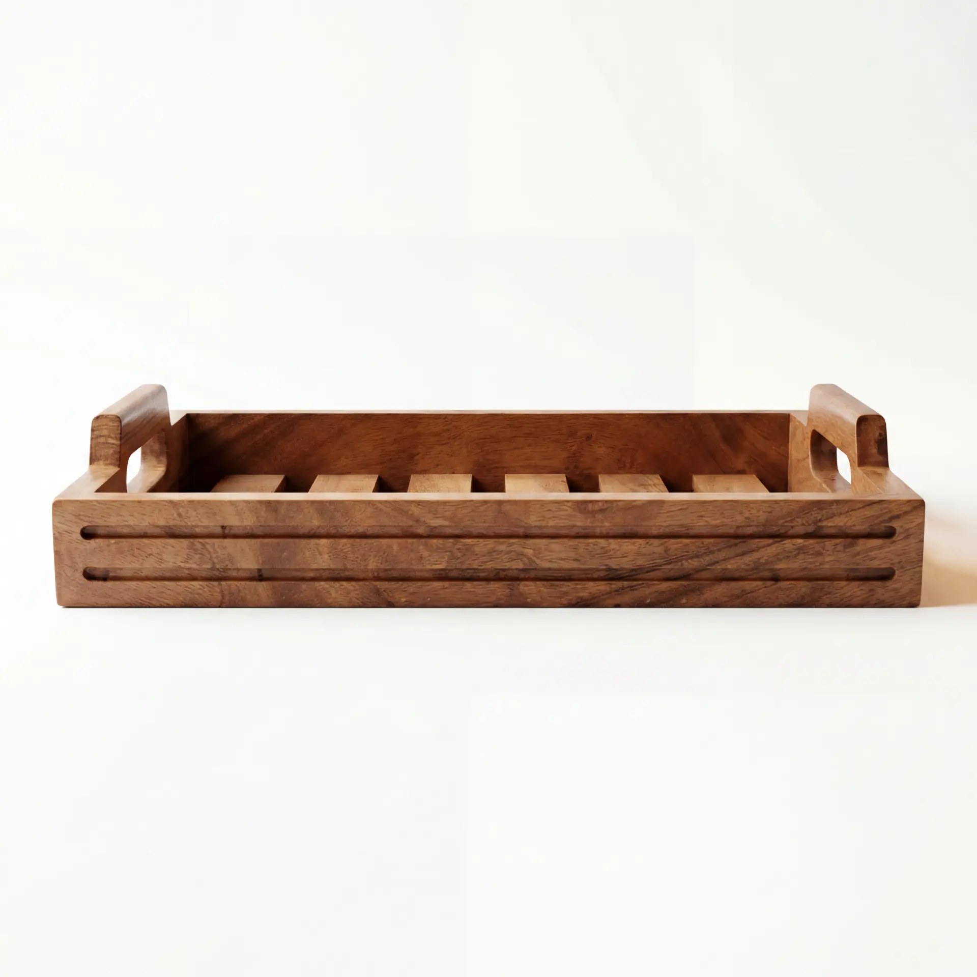 Slatted acacia wood tray with carved handles