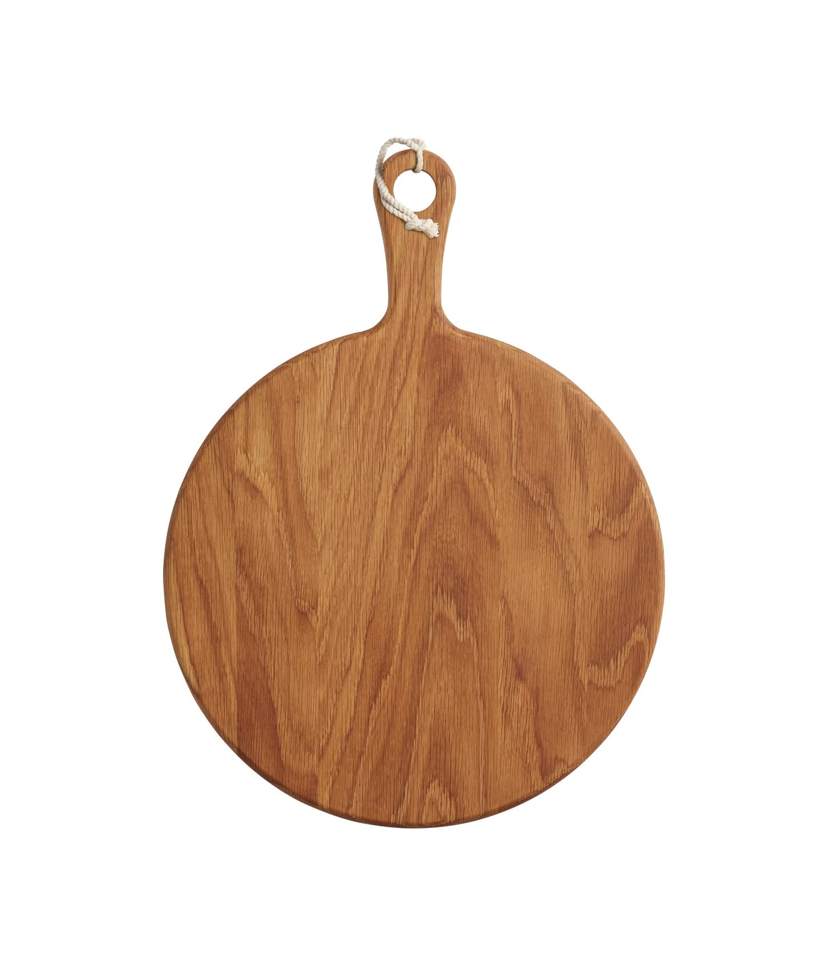 Round oak pizza board with rope-tied handle