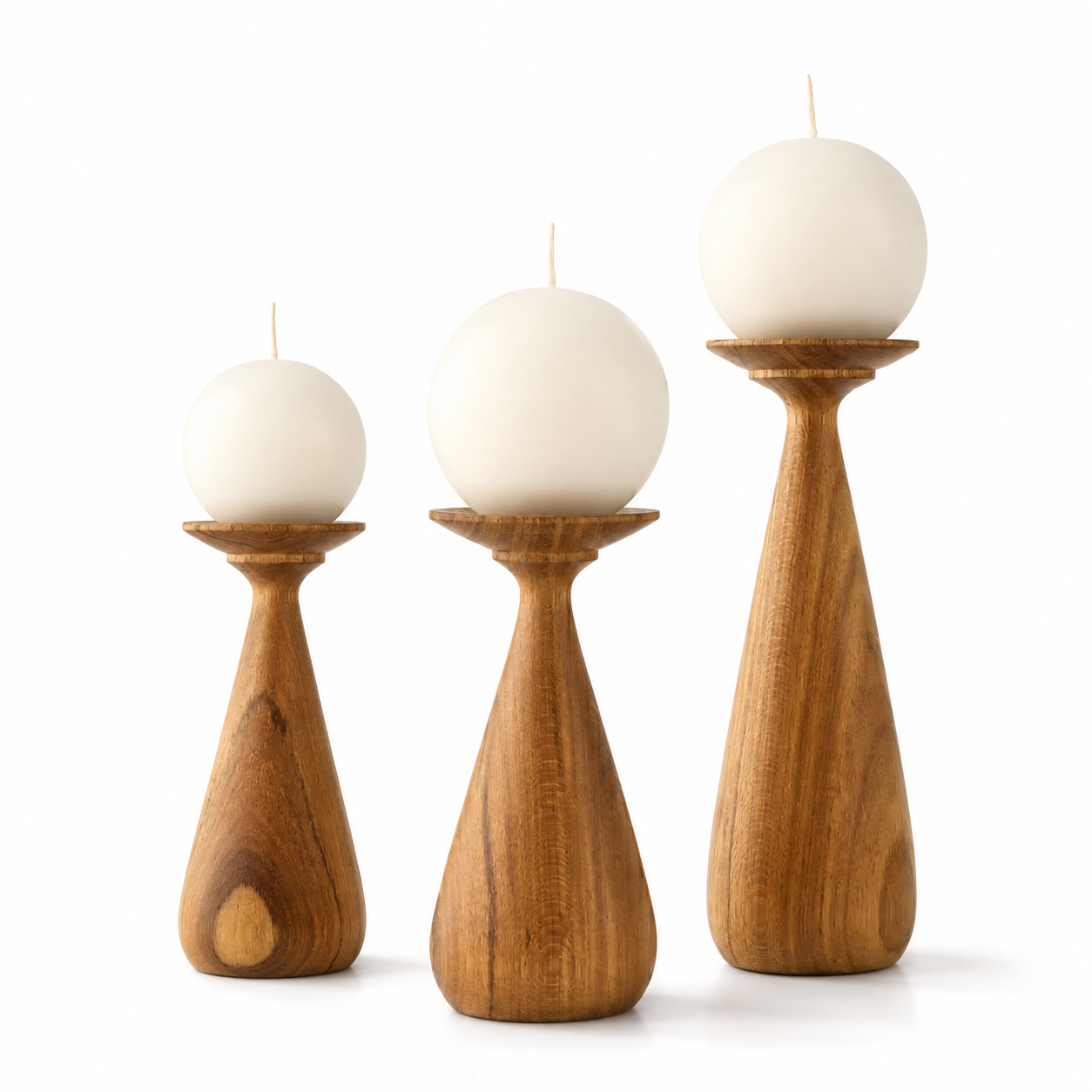 Set of three turned mango wood ball candle holders