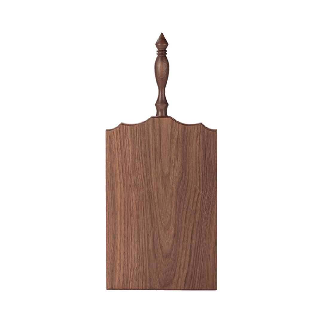 Dark walnut serving board with turned finial handle