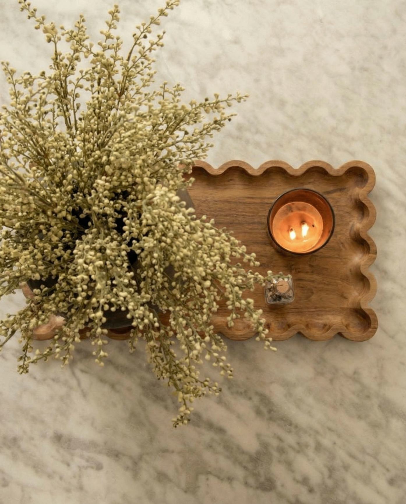 Finished MM Decor scalloped mango wood tray styled for retail