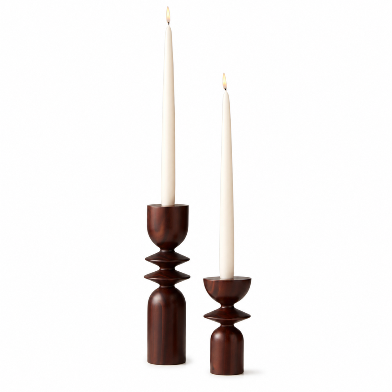 Dark rosewood turned taper candle holders, pair