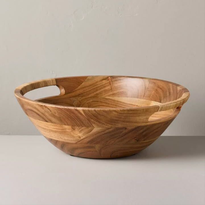 Acacia wood serving bowl with carved handles