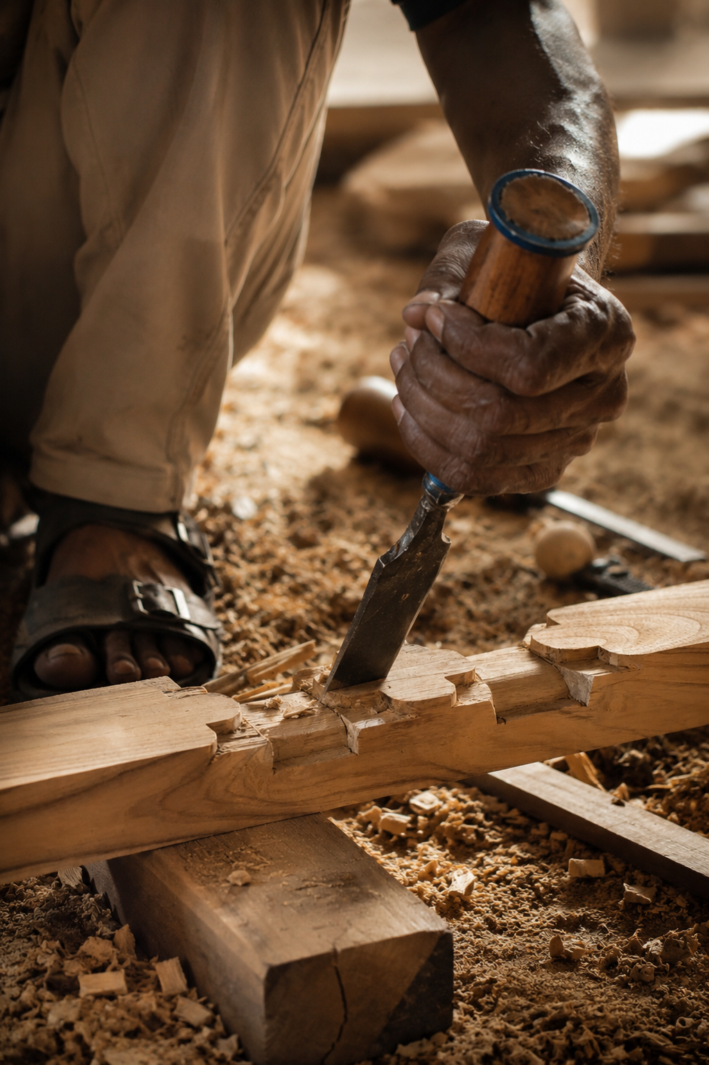 MM Decor artisan hand-carving a solid wood component in Moradabad