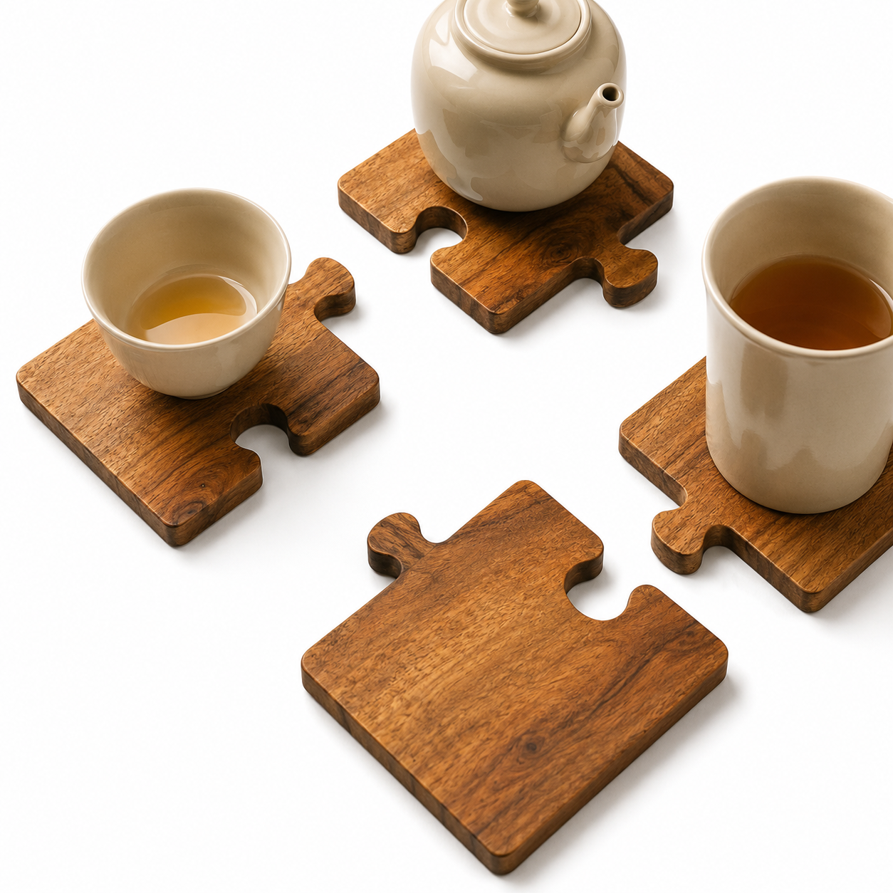 Jigsaw-shaped wooden coaster set with tea cups