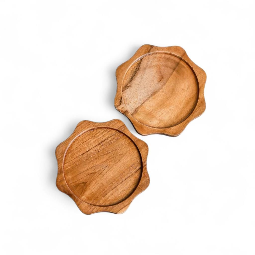 Wavy-edge wooden coasters, pair